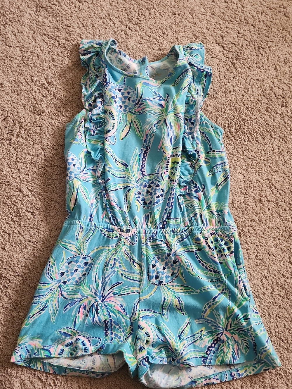 Lilly Pulitzer Aqua Tropical Palm Ruffle Romper